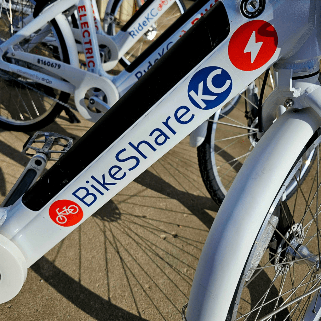 A freshly rebranded bike with the new Bike Share KC logo