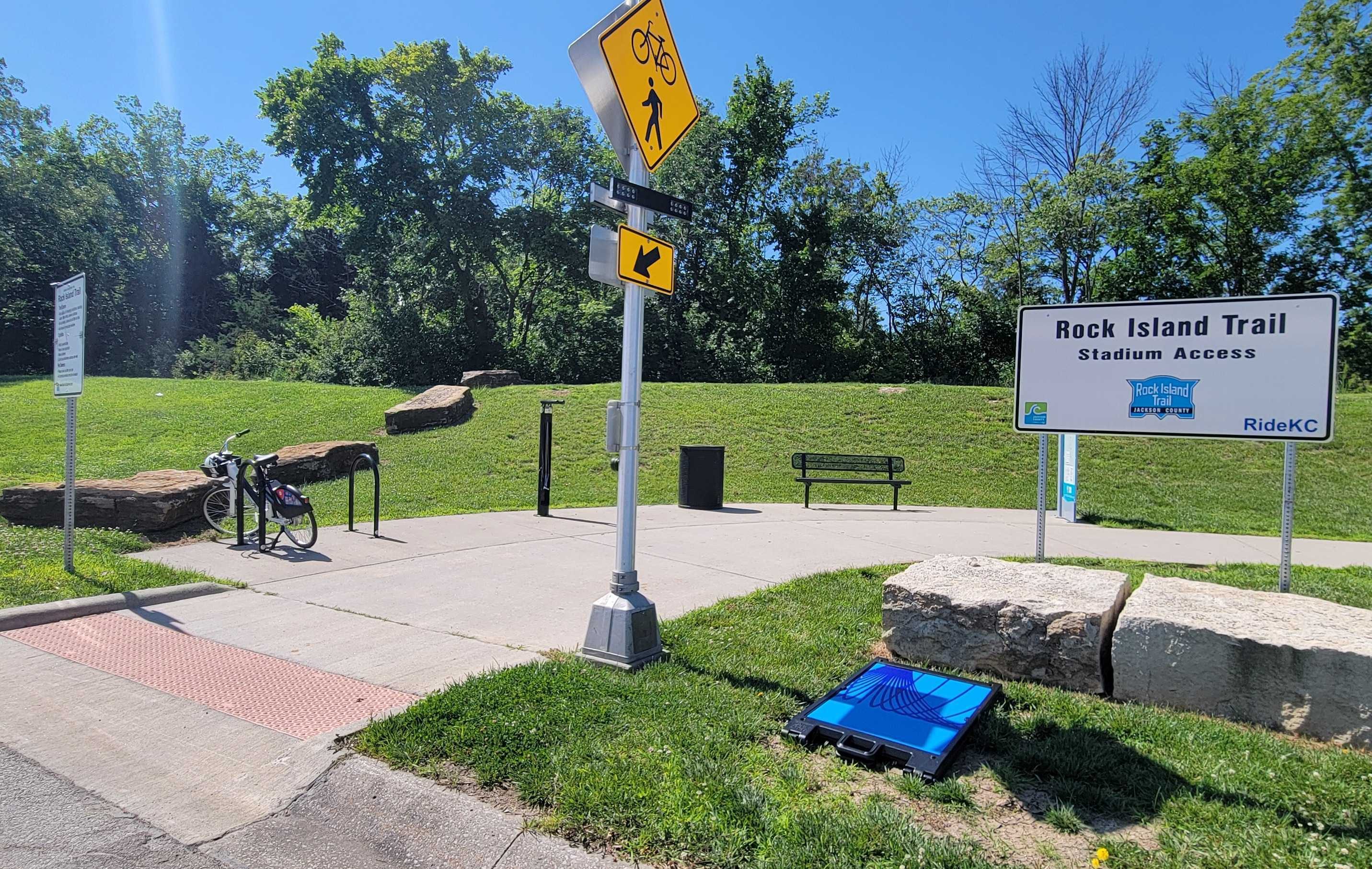 The official bike parking at KC Stadium at the terminus of the Rock Island Trail at Lot L, Gate 3